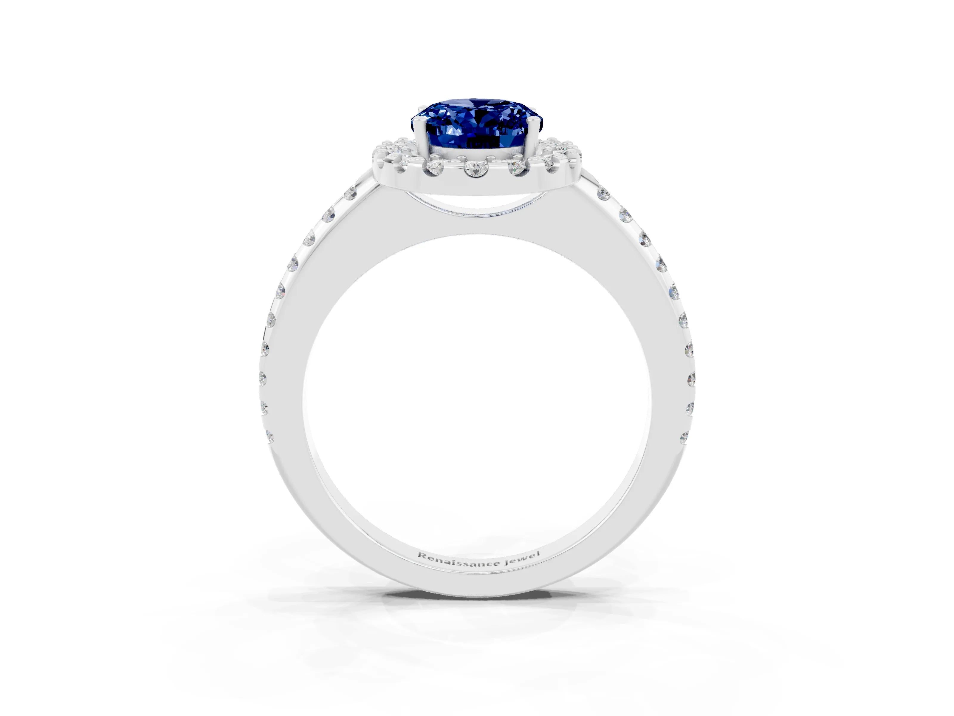 White gold Oval Cut Blue Sapphire Pavé Halo Ring with Four-Prong Setting_15