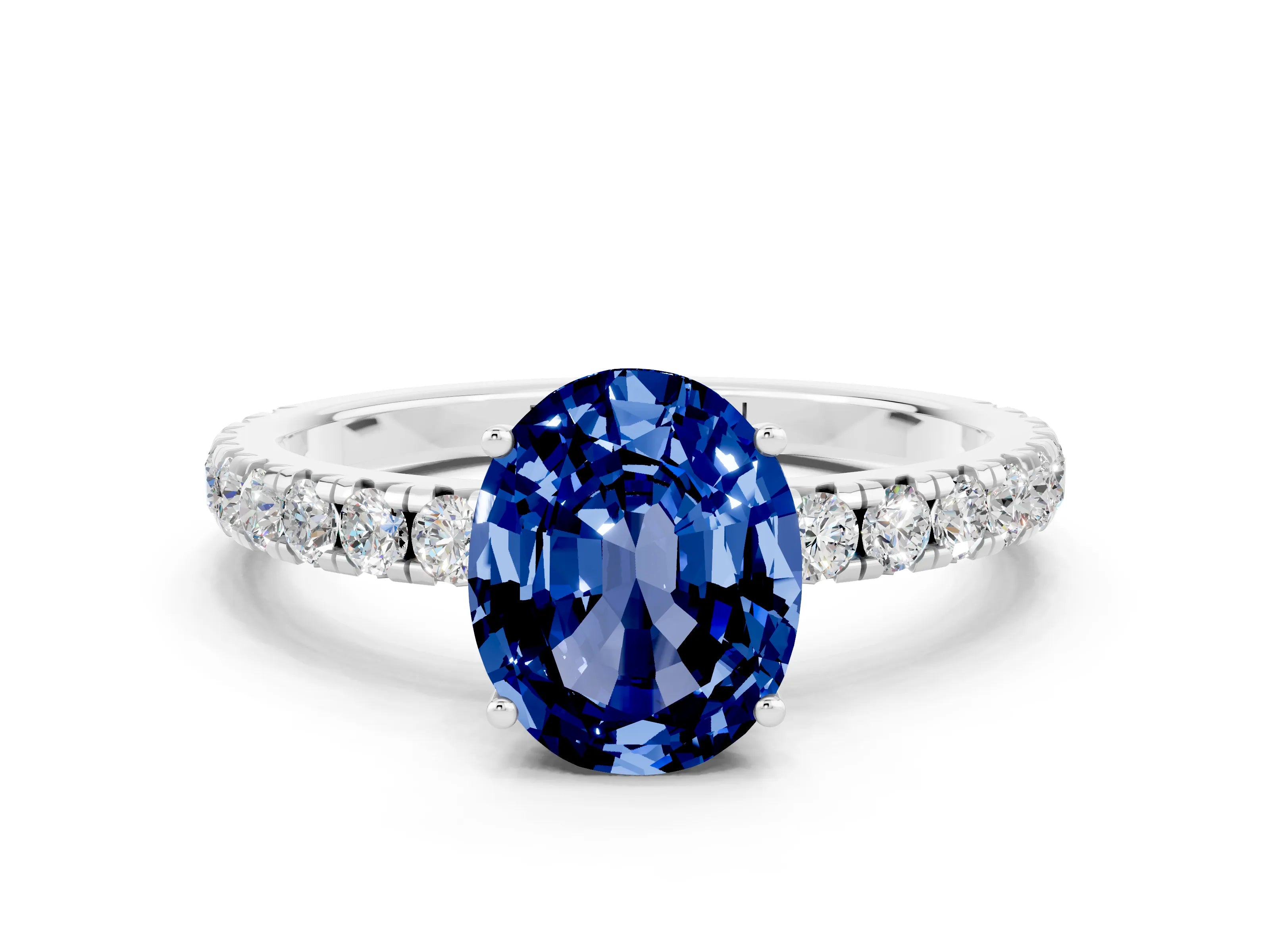 White gold Oval Cut Blue Sapphire Pavé Solitaire Engagement Ring with Four-Prong Setting_12