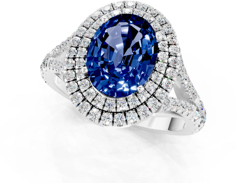 White gold Oval Cut Blue Sapphire Pavé Split Shank Double Halo Engagement Ring_1