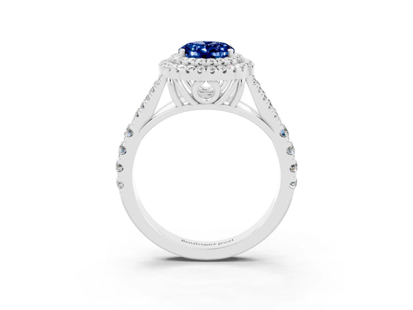 White gold Oval Cut Blue Sapphire Pavé Split Shank Double Halo Engagement Ring