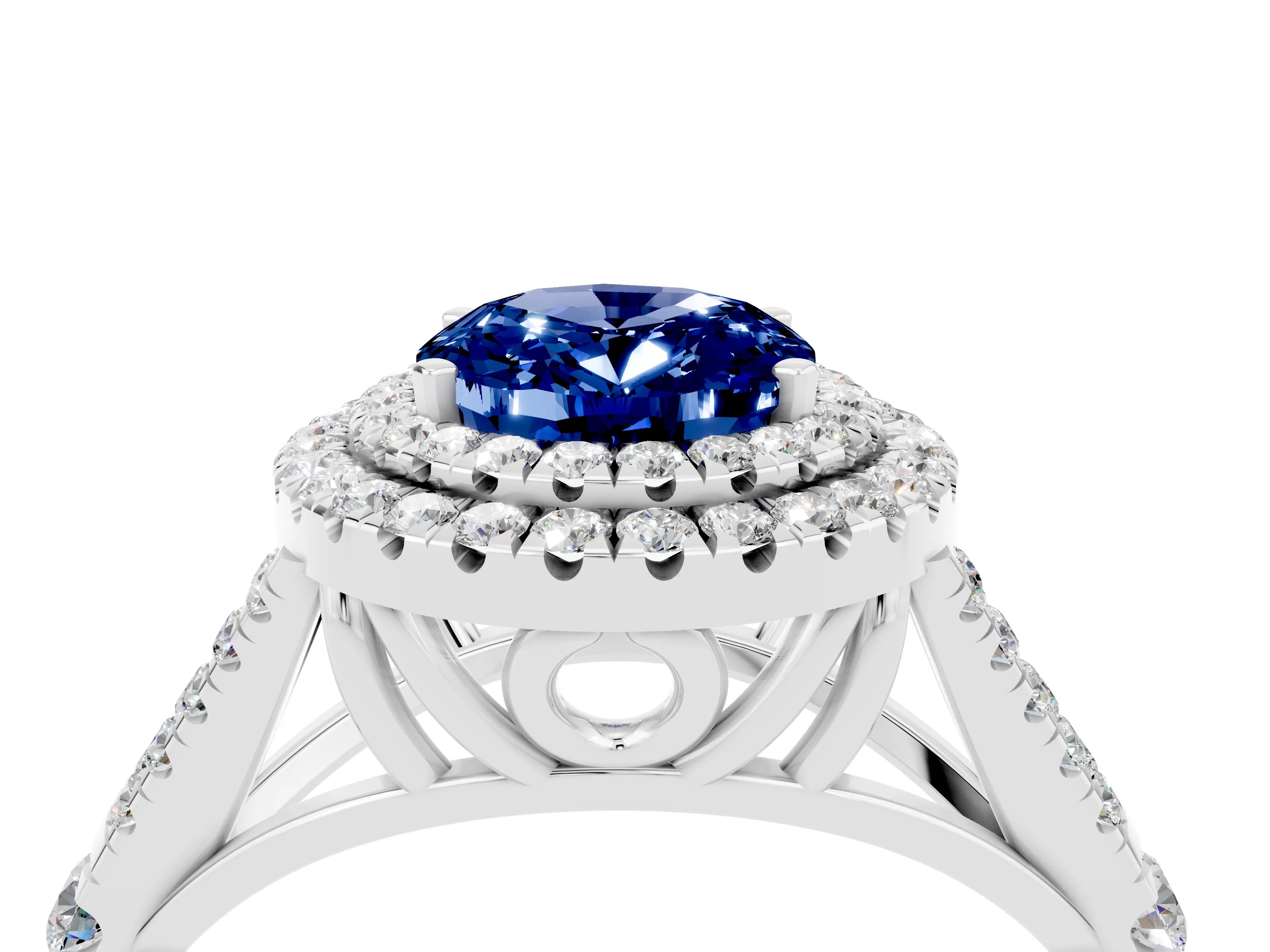 White gold Oval Cut Blue Sapphire Pavé Split Shank Double Halo Engagement Ring_4