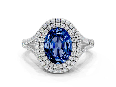 White gold Oval Cut Blue Sapphire Pavé Split Shank Double Halo Engagement Ring