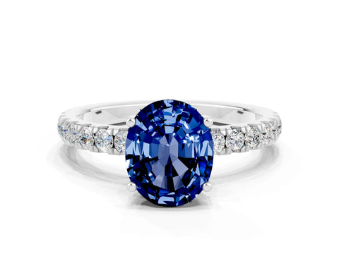 White gold Oval Cut Blue Sapphire Pave Band Solitaire Ring with Four-Prong Setting_24