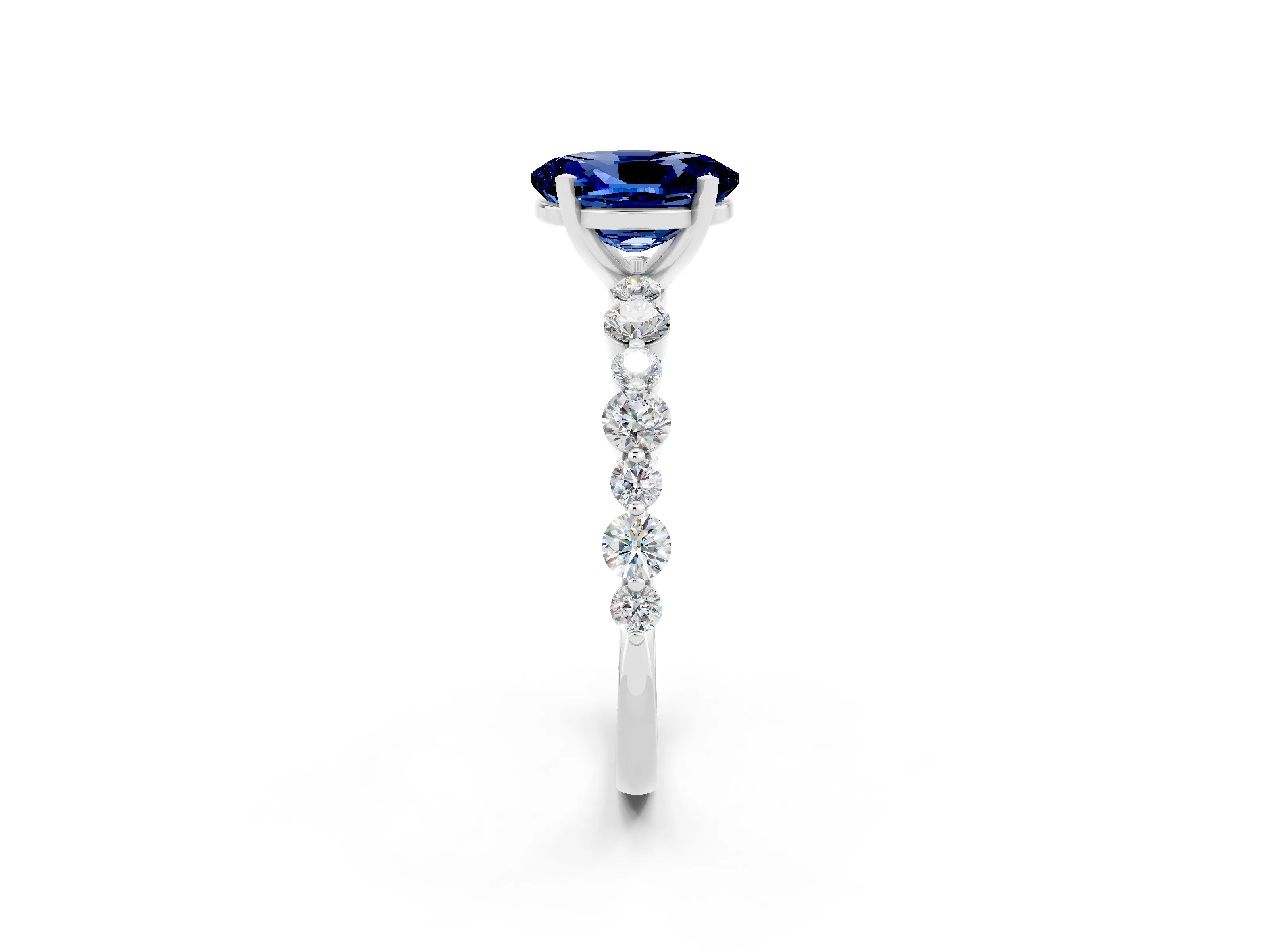 White gold Oval Cut Blue Sapphire Prong Set Engagement Ring with Pavé Band_2