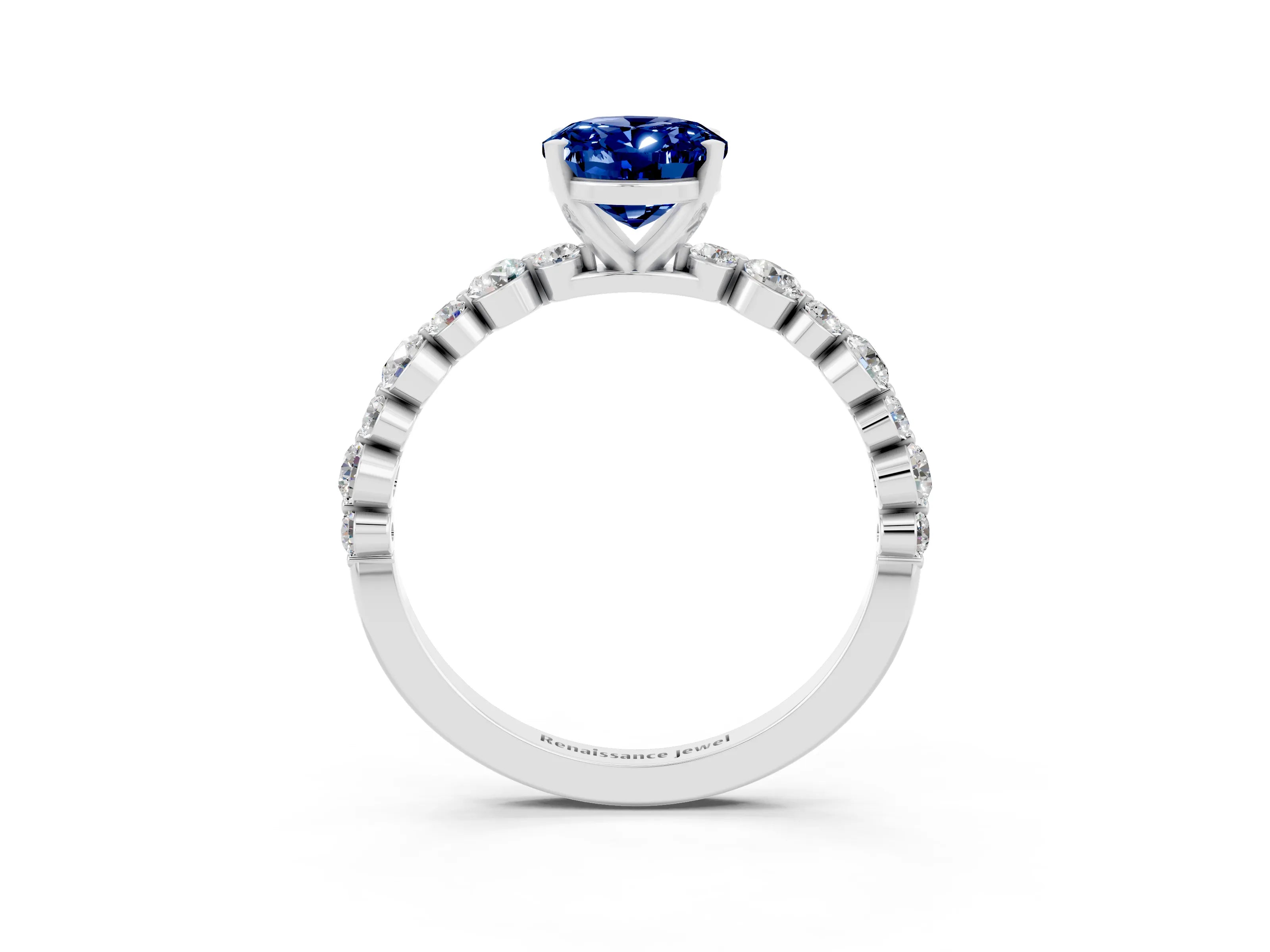White gold Oval Cut Blue Sapphire Prong Set Engagement Ring with Pavé Band_3