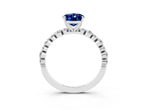 White gold Oval Cut Blue Sapphire Prong Set Engagement Ring with Pavé Band_3