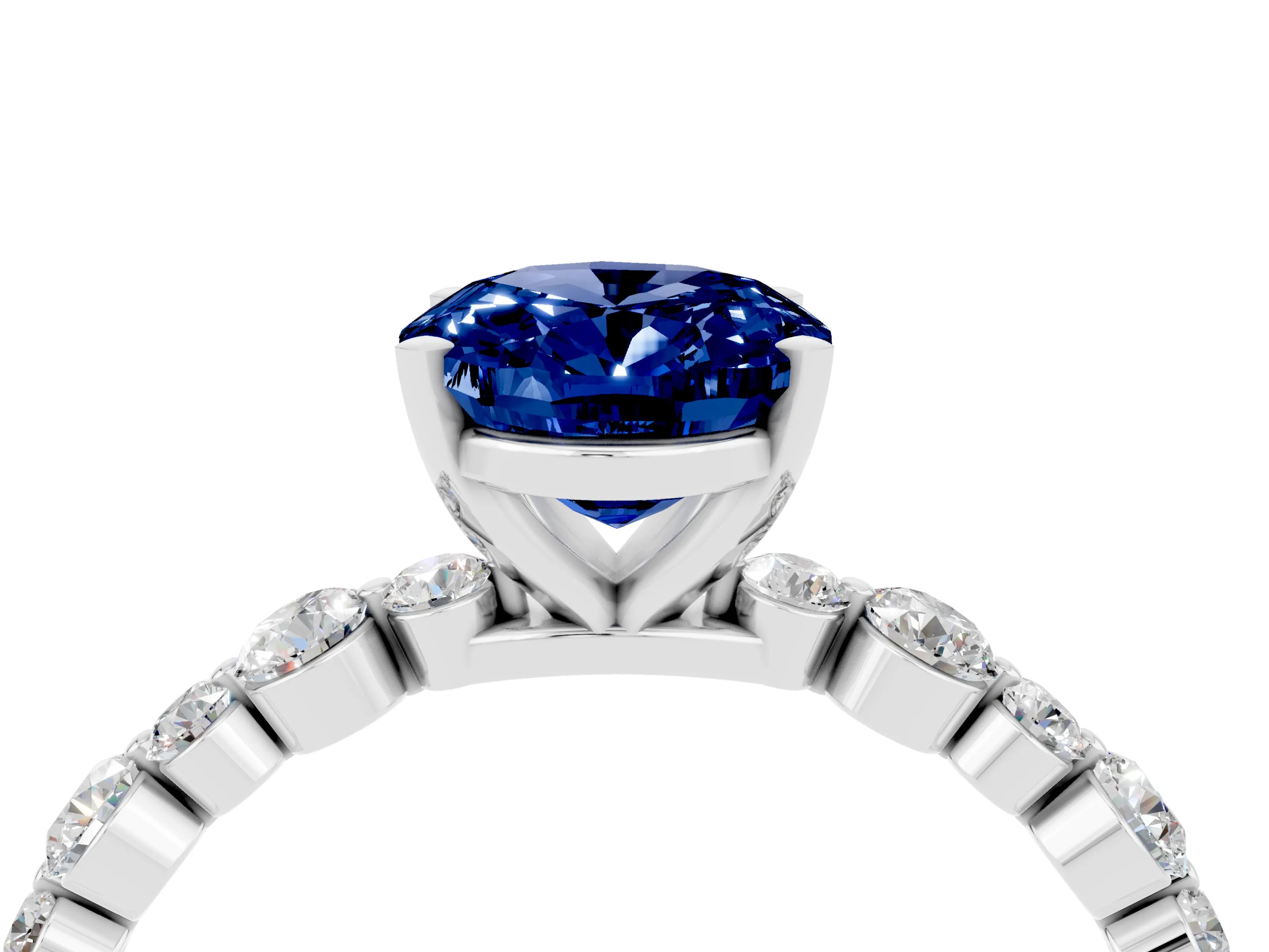 White gold Oval Cut Blue Sapphire Prong Set Engagement Ring with Pavé Band_4