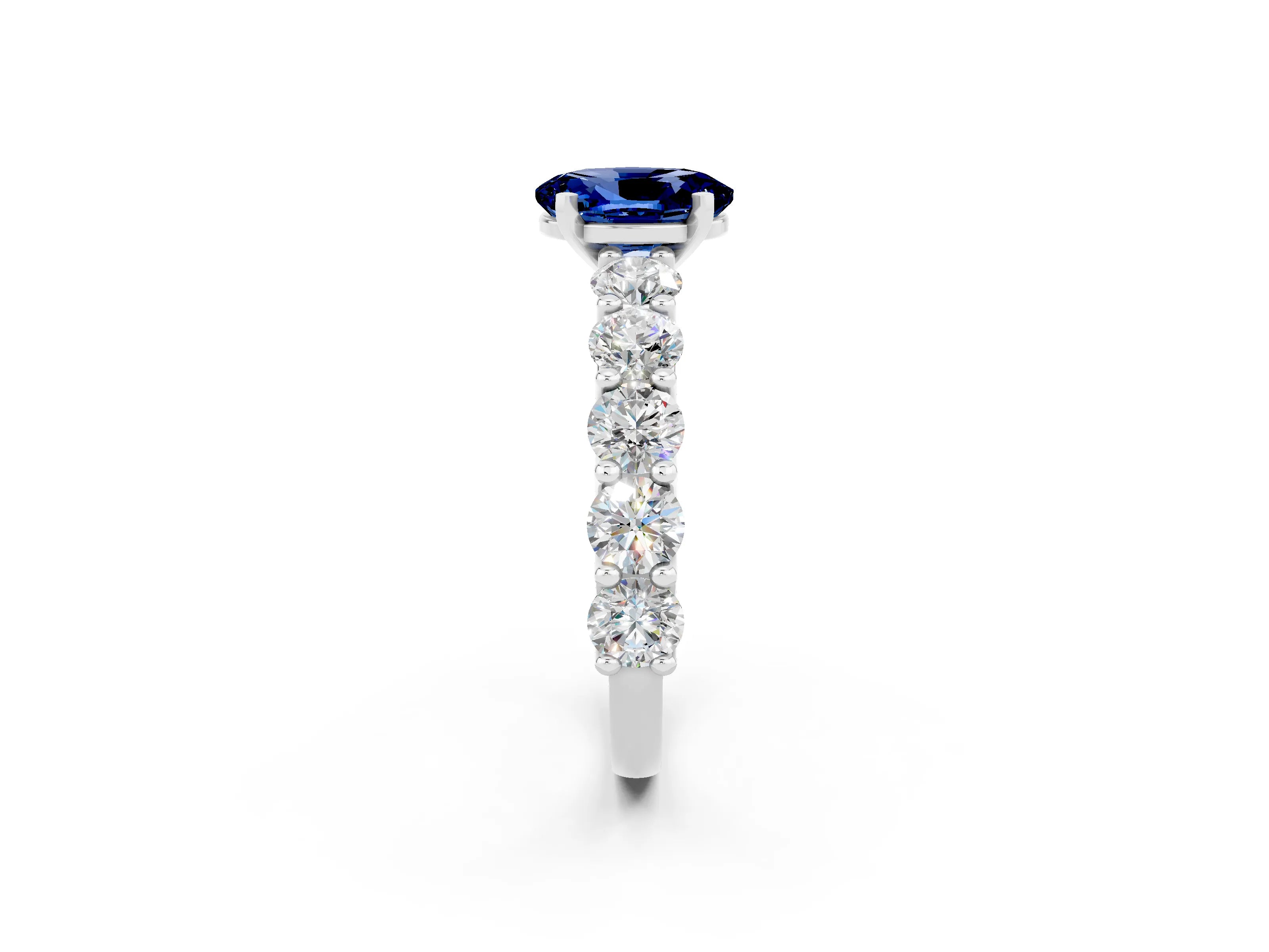 White gold Oval Cut Blue Sapphire Prong Setting with Side Stones on a Pave Band_2