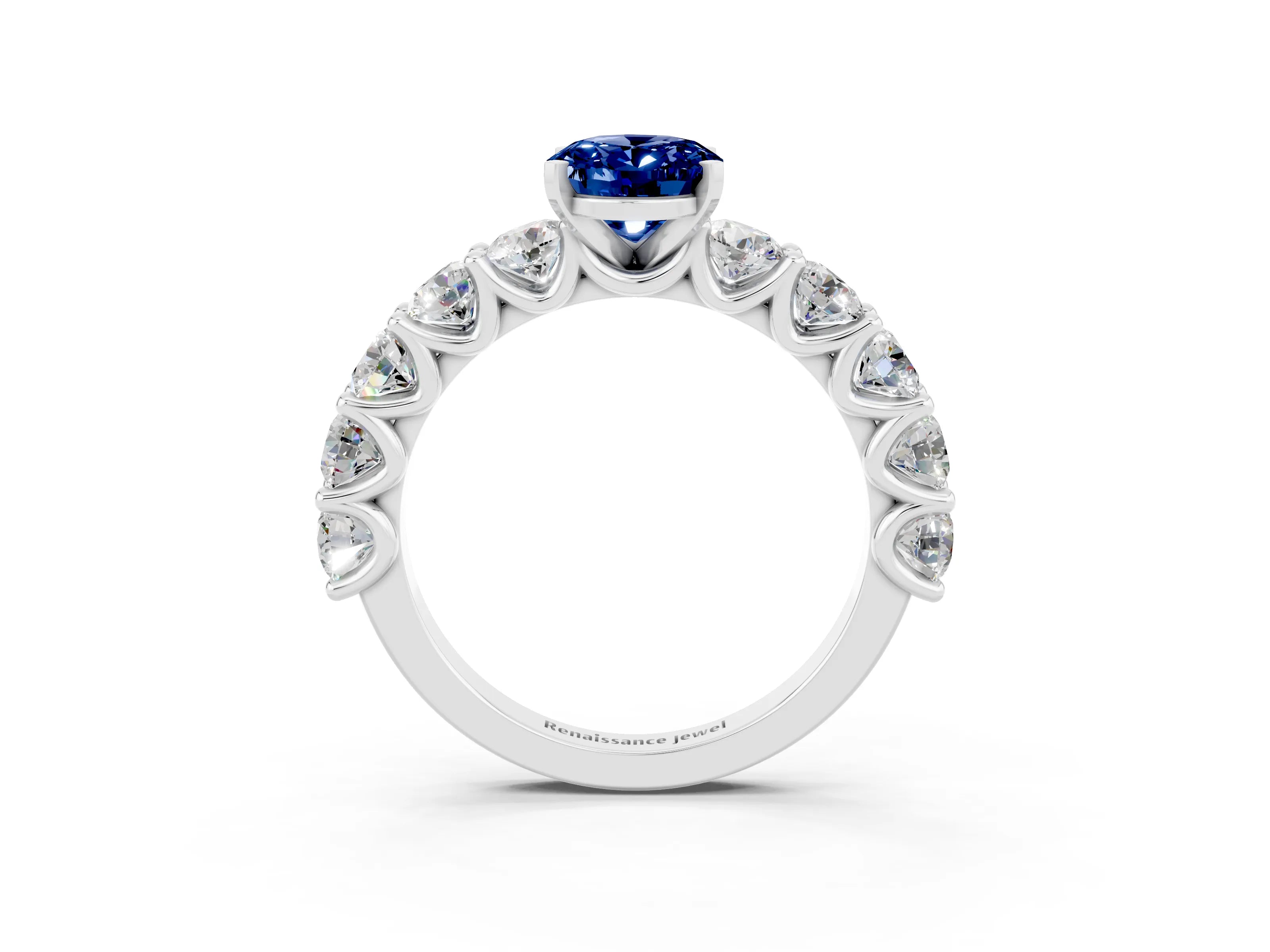 White gold Oval Cut Blue Sapphire Prong Setting with Side Stones on a Pave Band_3