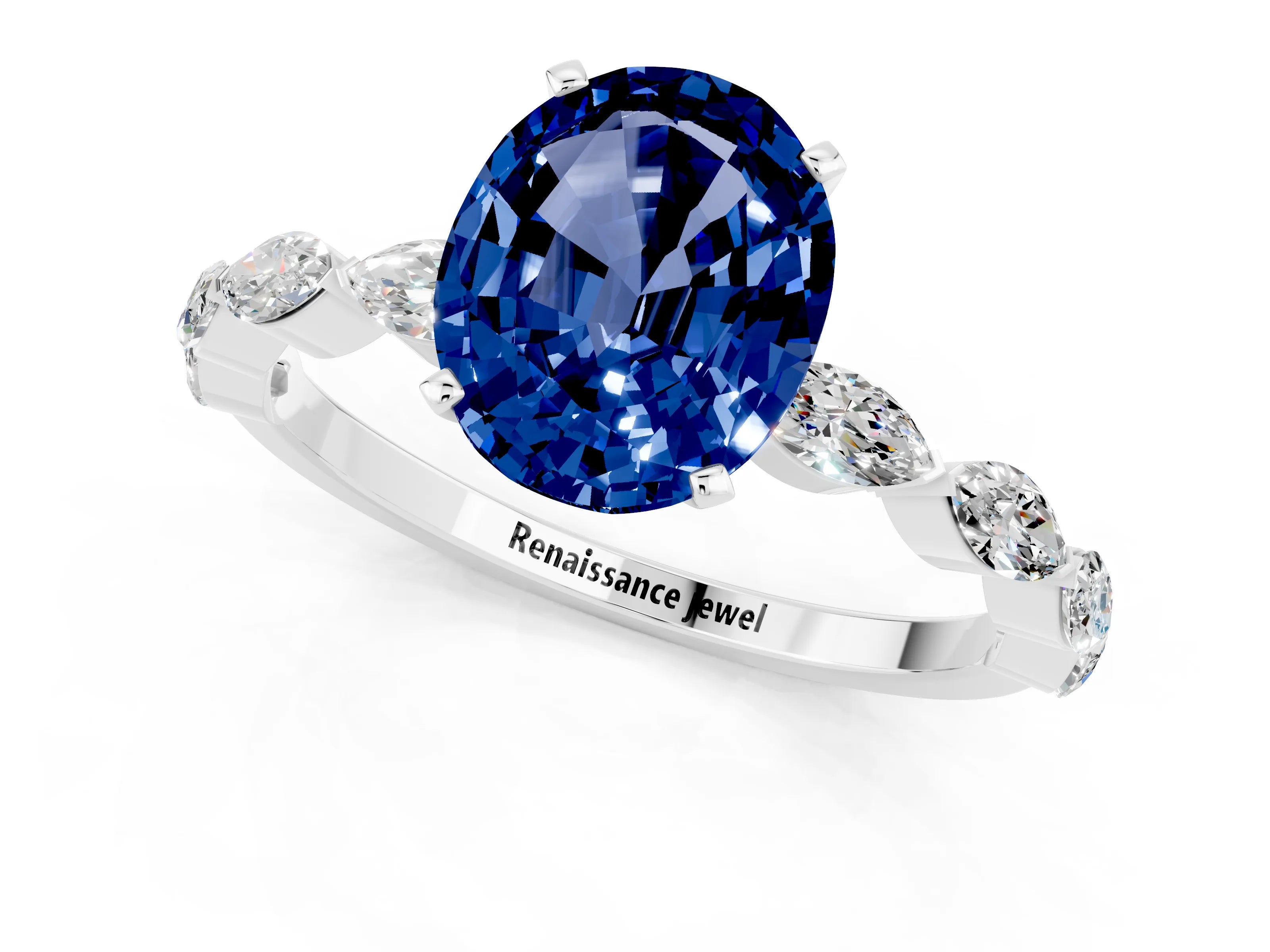 White gold Oval Cut Blue Sapphire Ring with Marquise Side Stones and Prong Setting_1