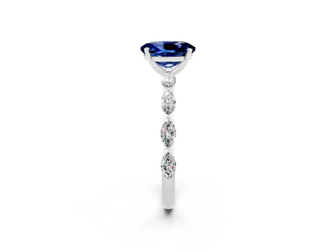 White gold Oval Cut Blue Sapphire Ring with Marquise Side Stones and Prong Setting_2