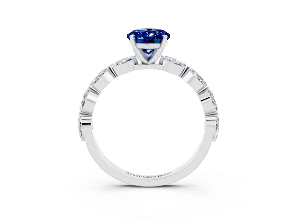 White gold Oval Cut Blue Sapphire Ring with Marquise Side Stones and Prong Setting