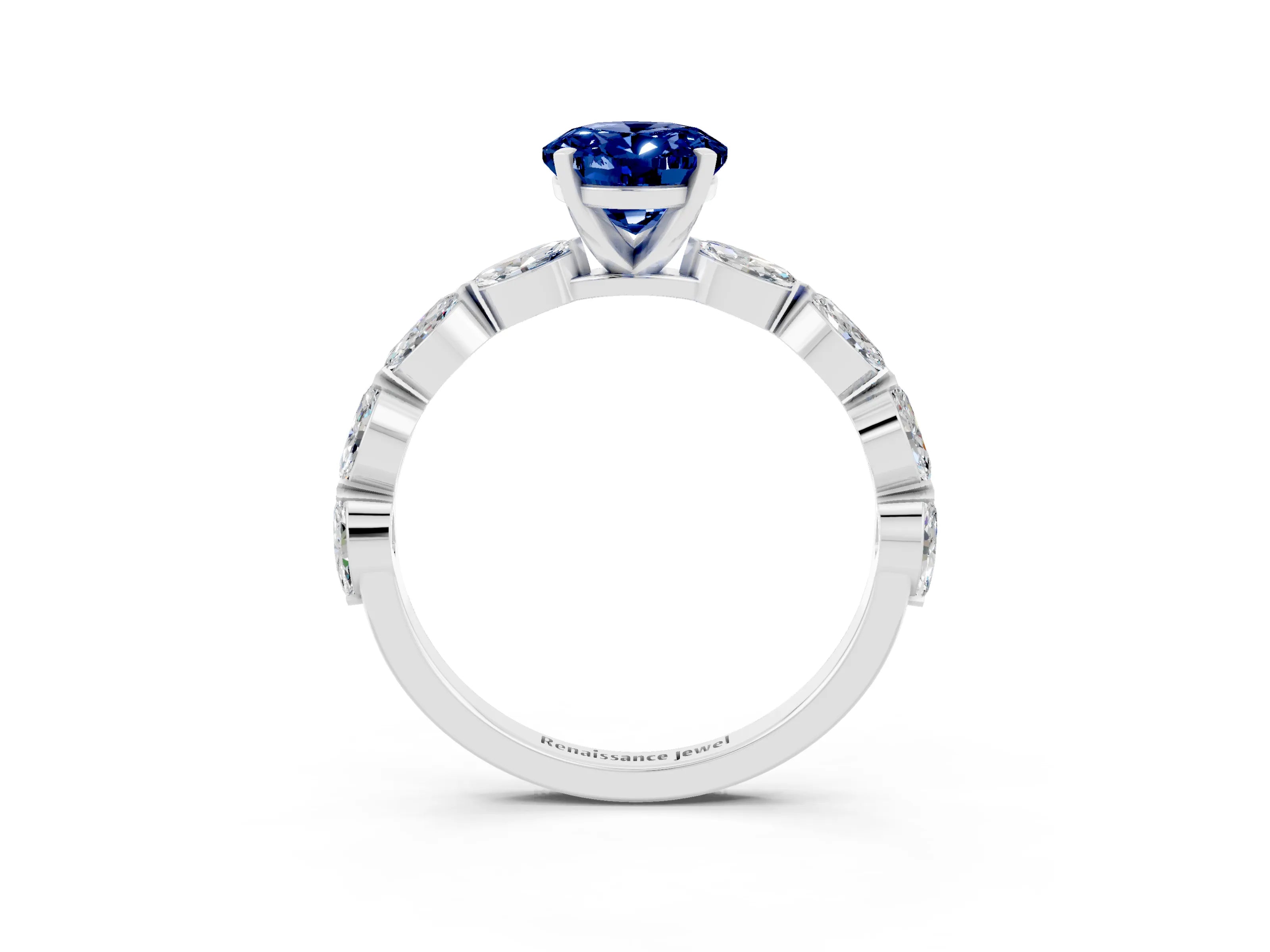 White gold Oval Cut Blue Sapphire Ring with Marquise Side Stones and Prong Setting_3