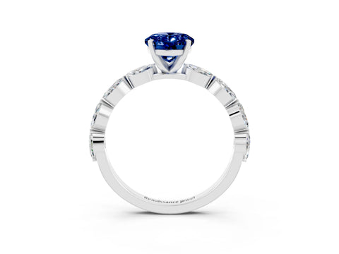 White gold Oval Cut Blue Sapphire Ring with Marquise Side Stones and Prong Setting_3