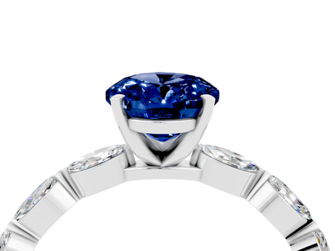 White gold Oval Cut Blue Sapphire Ring with Marquise Side Stones and Prong Setting_4