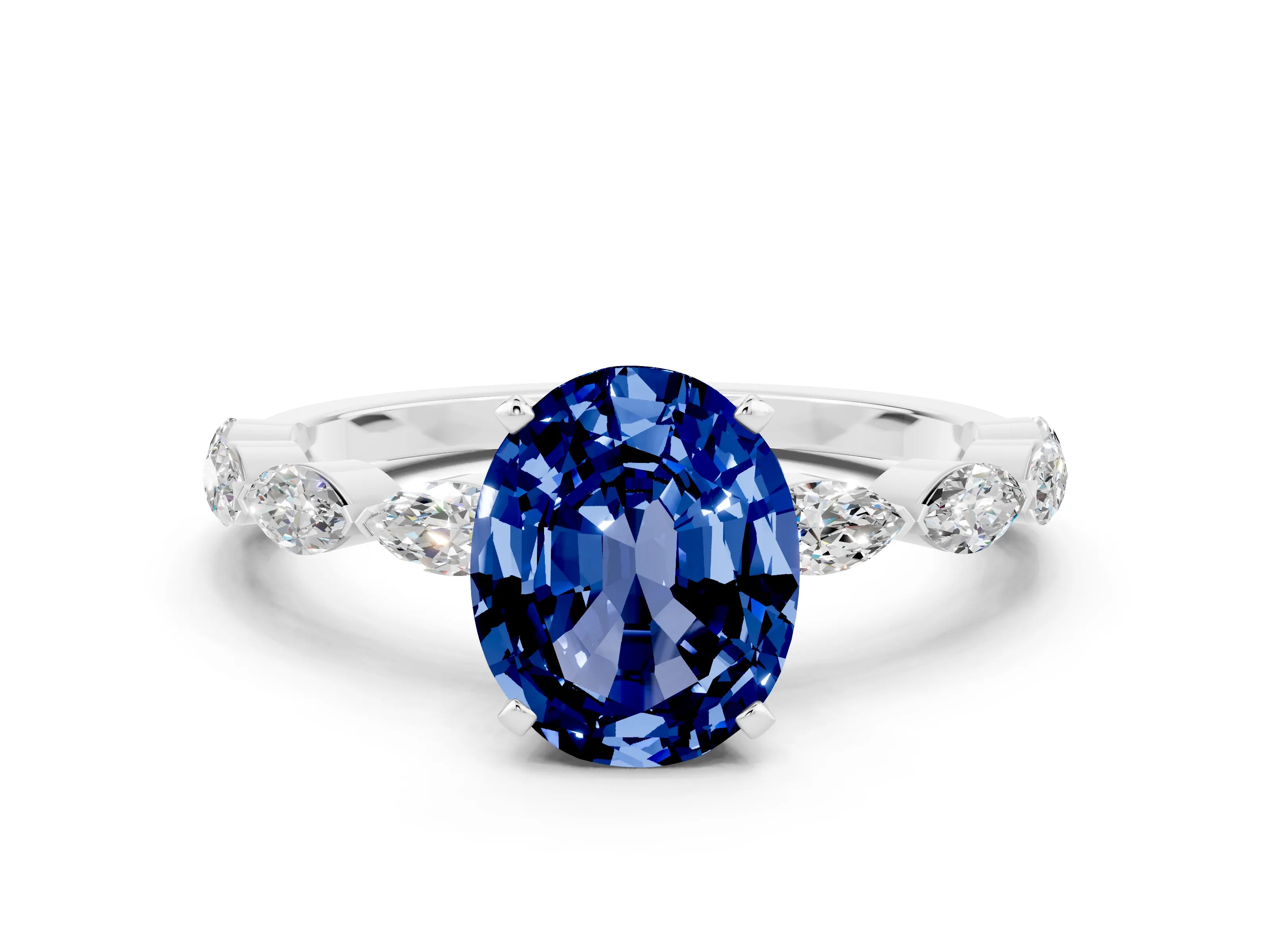 White gold Oval Cut Blue Sapphire Ring with Marquise Side Stones and Prong Setting