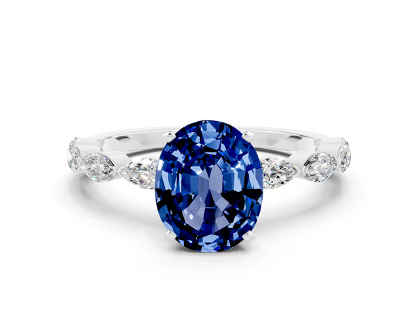 Silver Oval Cut Blue Sapphire Ring with Marquise Side Stones and Prong Setting