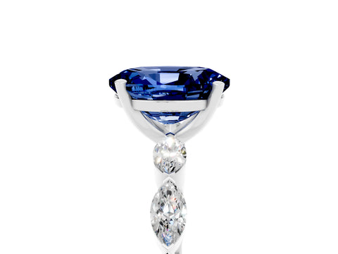 White gold Oval Cut Blue Sapphire Ring with Marquise Side Stones and Prong Setting_5