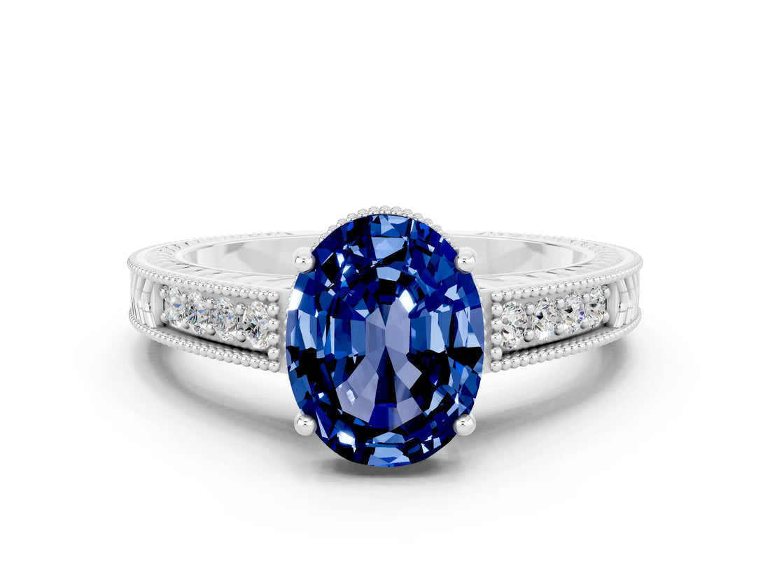 White gold Oval Cut Blue Sapphire Ring with Milgrain Pavé Band and Four-Prong Setting_12