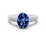 White gold Oval Cut Blue Sapphire Ring with Milgrain Pavé Band and Four-Prong Setting_12