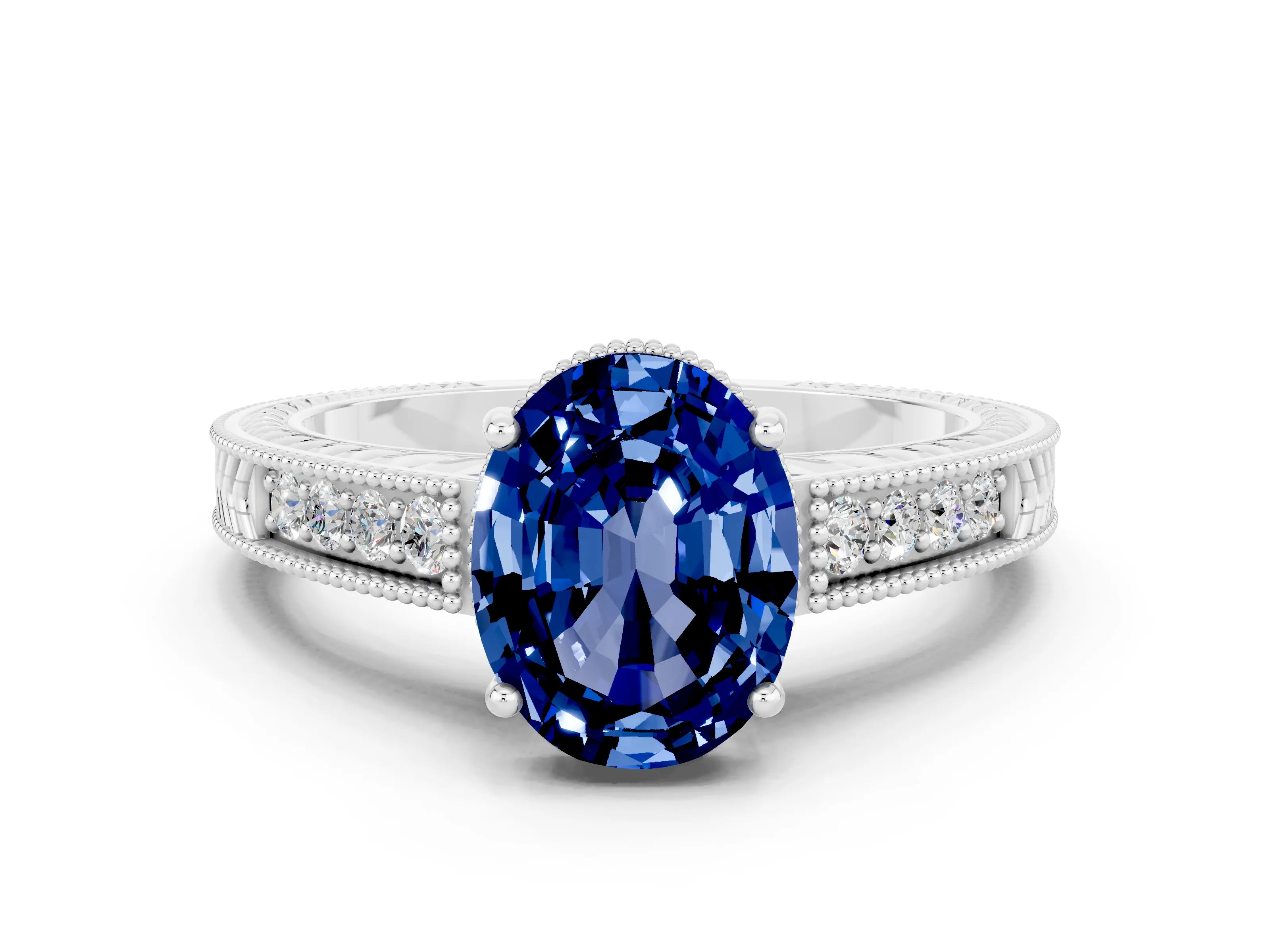 White gold Oval Cut Blue Sapphire Ring with Milgrain Pavé Band and Four-Prong Setting_12