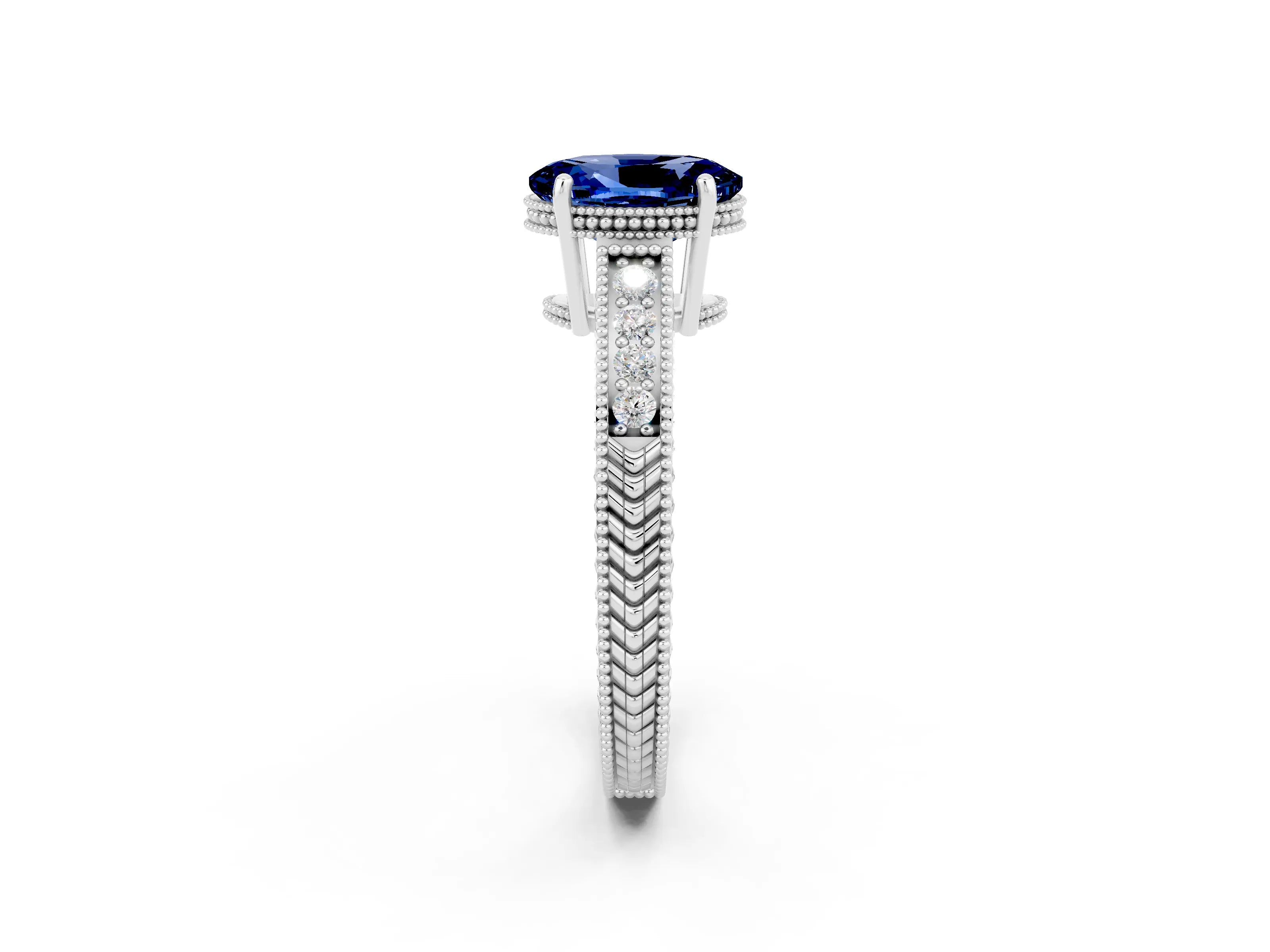White gold Oval Cut Blue Sapphire Ring with Milgrain Pavé Band and Four-Prong Setting_14