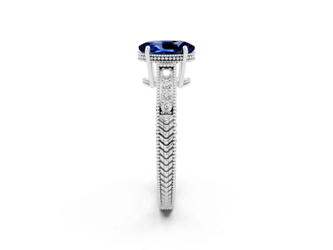 White gold Oval Cut Blue Sapphire Ring with Milgrain Pavé Band and Four-Prong Setting_14