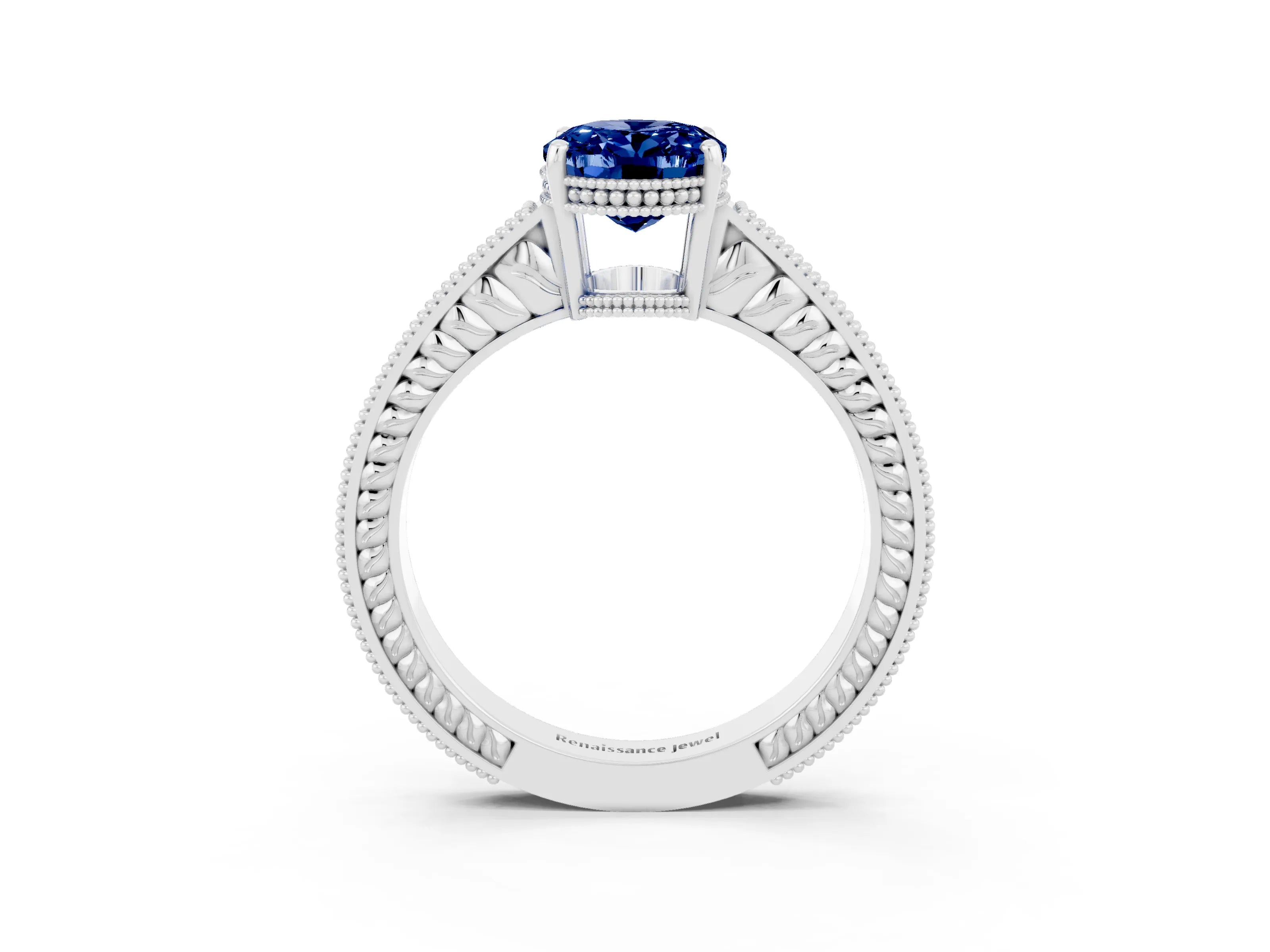 White gold Oval Cut Blue Sapphire Ring with Milgrain Pavé Band and Four-Prong Setting_15