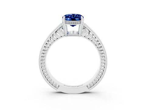 White gold Oval Cut Blue Sapphire Ring with Milgrain Pavé Band and Four-Prong Setting_15