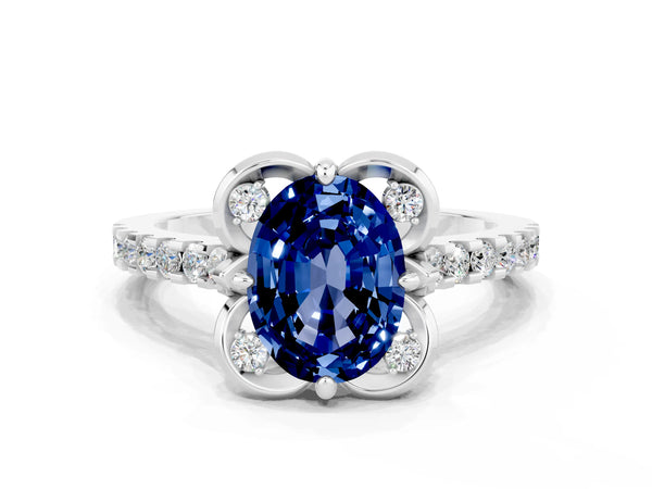 Platinum Oval Cut Blue Sapphire Ring with Pavé Band and Floral Prong Setting