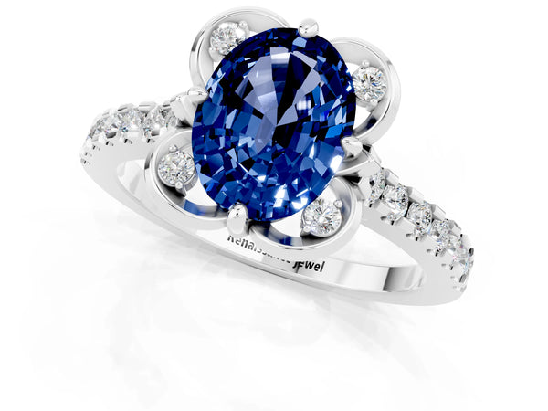 Platinum Oval Cut Blue Sapphire Ring with Pavé Band and Floral Prong Setting