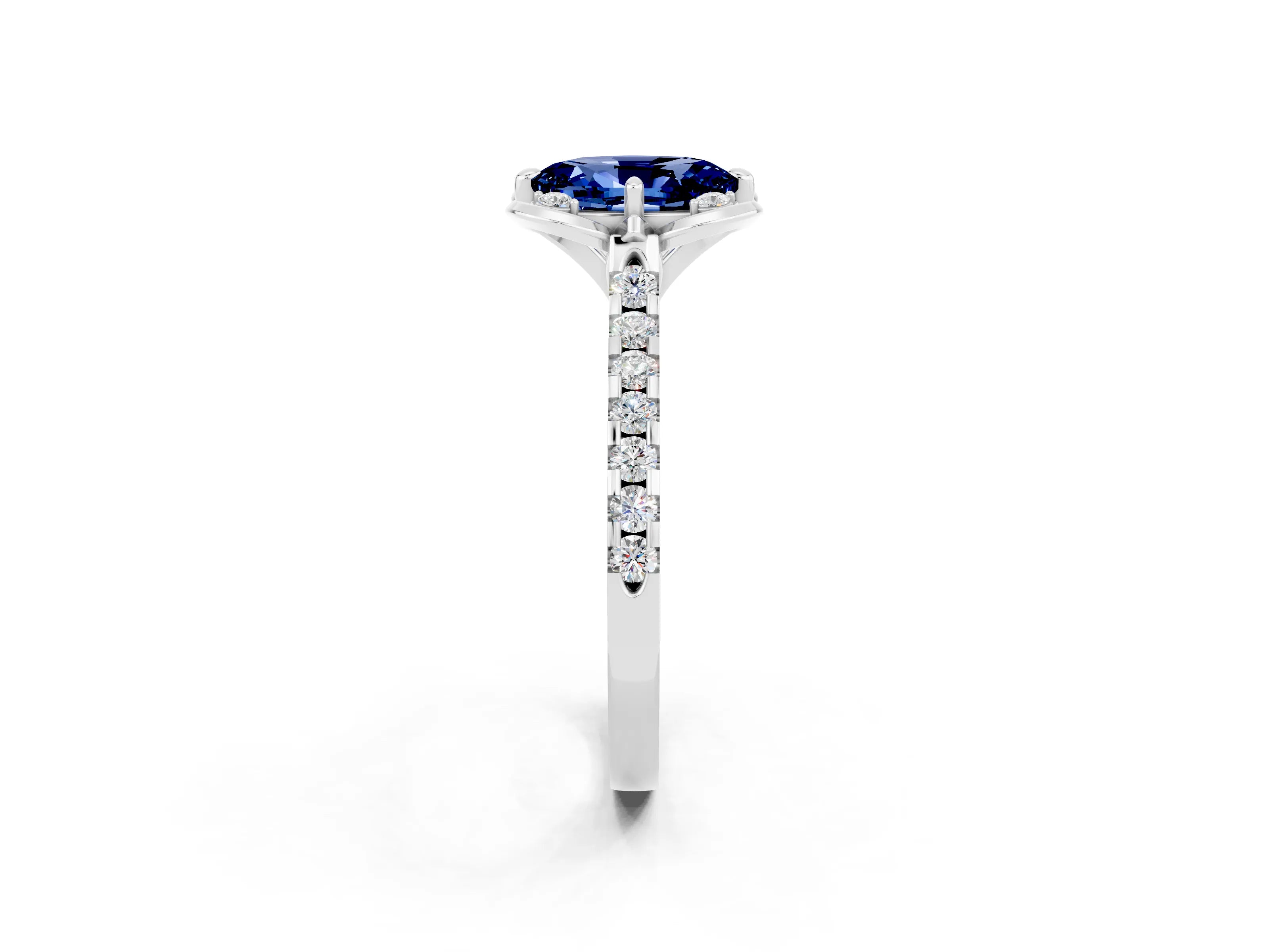 White gold Oval Cut Blue Sapphire Ring with Pavé Band and Floral Prong Setting_2