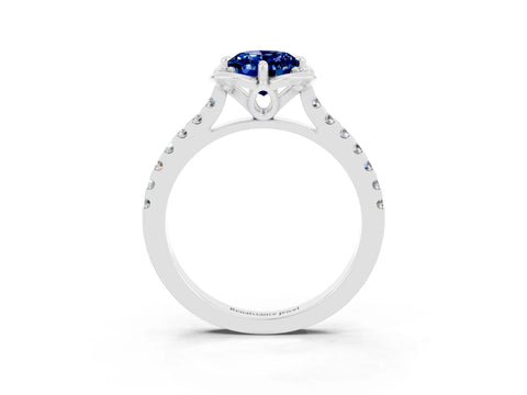 White gold Oval Cut Blue Sapphire Ring with Pavé Band and Floral Prong Setting_3