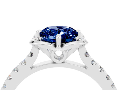 White gold Oval Cut Blue Sapphire Ring with Pavé Band and Floral Prong Setting_4