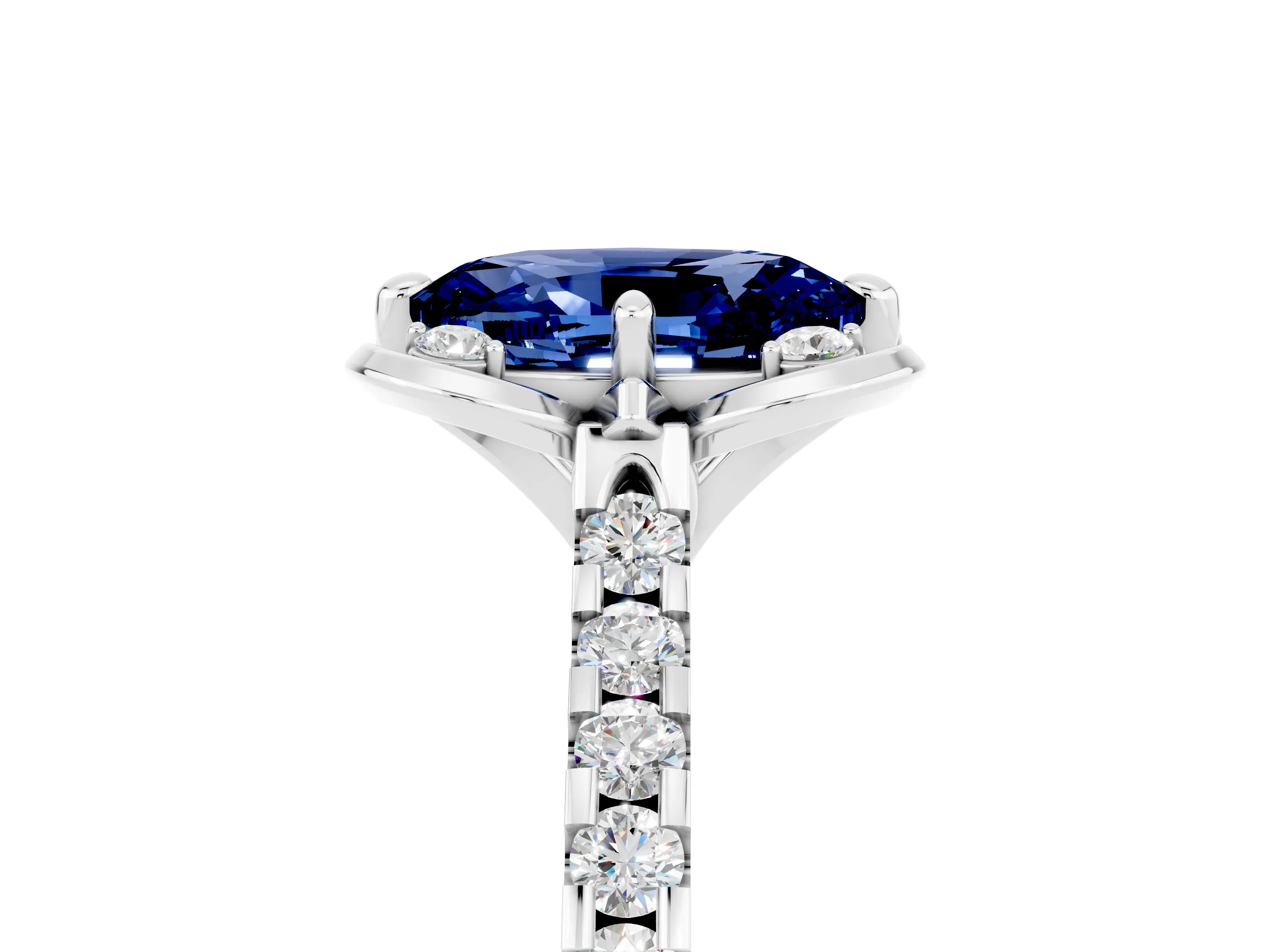 White gold Oval Cut Blue Sapphire Ring with Pavé Band and Floral Prong Setting_5