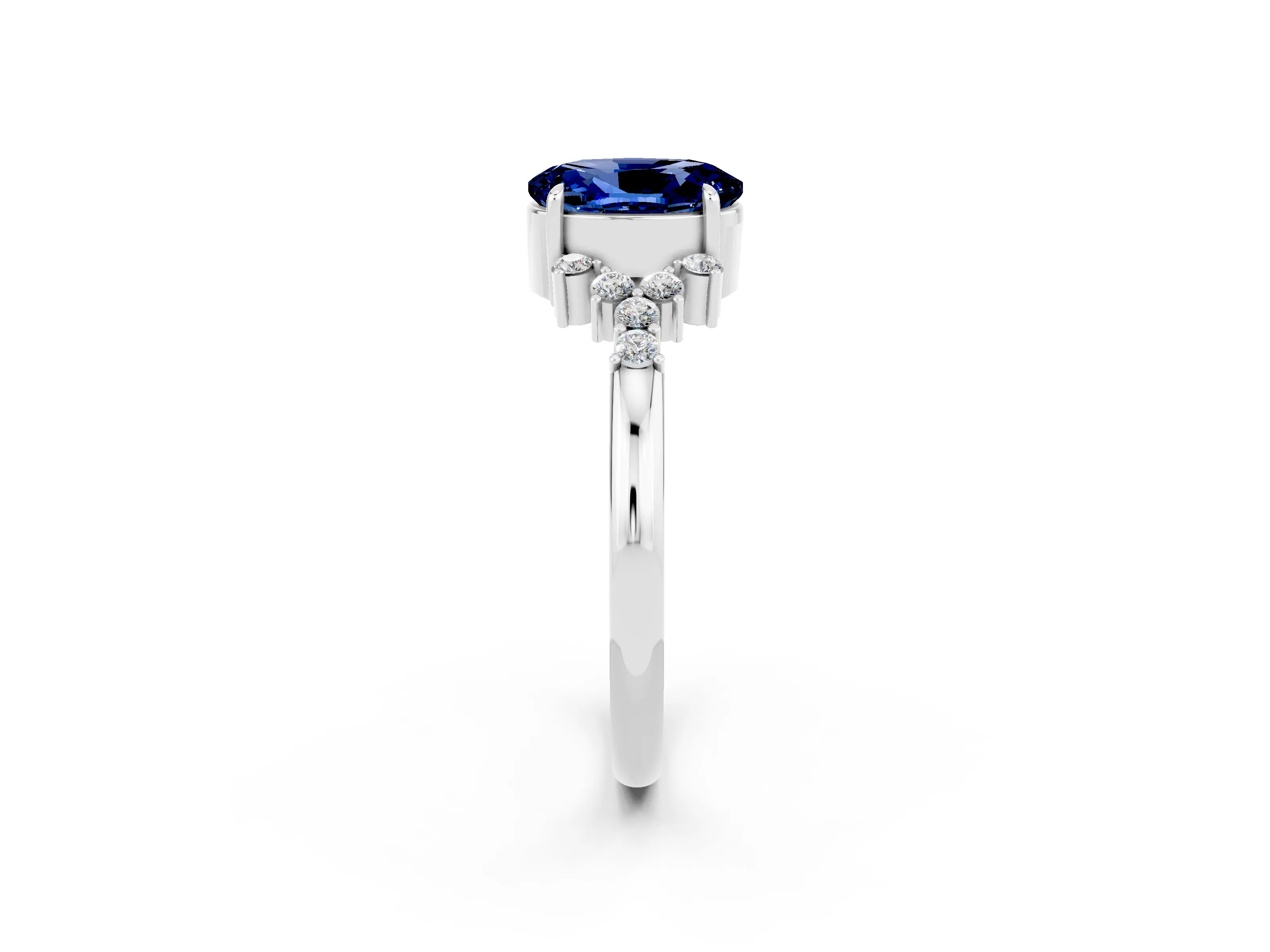 White gold Oval Cut Blue Sapphire Ring with Side Stones and Four-Prong Setting_94