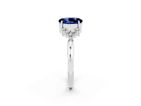 White gold Oval Cut Blue Sapphire Ring with Side Stones and Four-Prong Setting_94