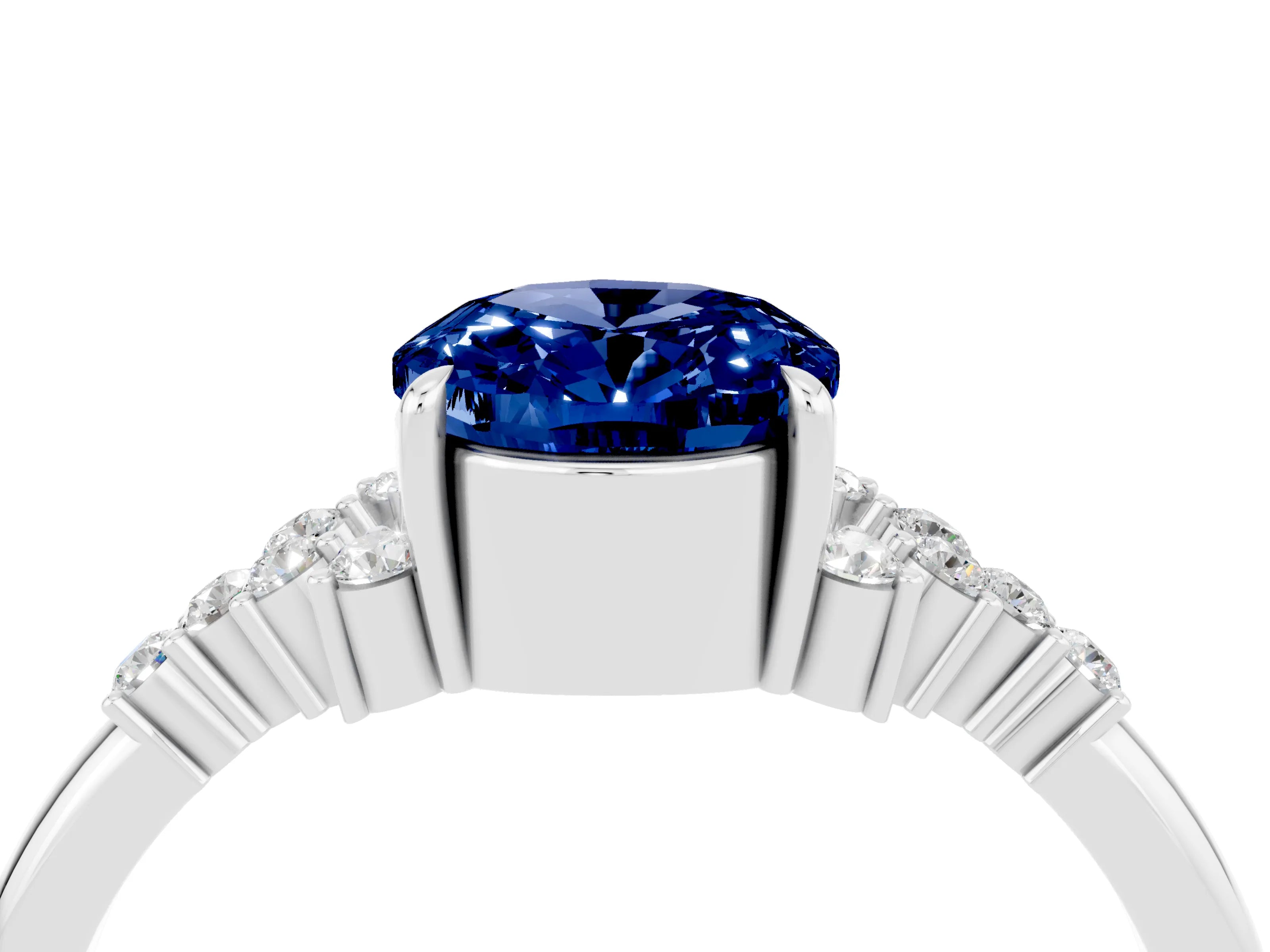 White gold Oval Cut Blue Sapphire Ring with Side Stones and Four-Prong Setting_96