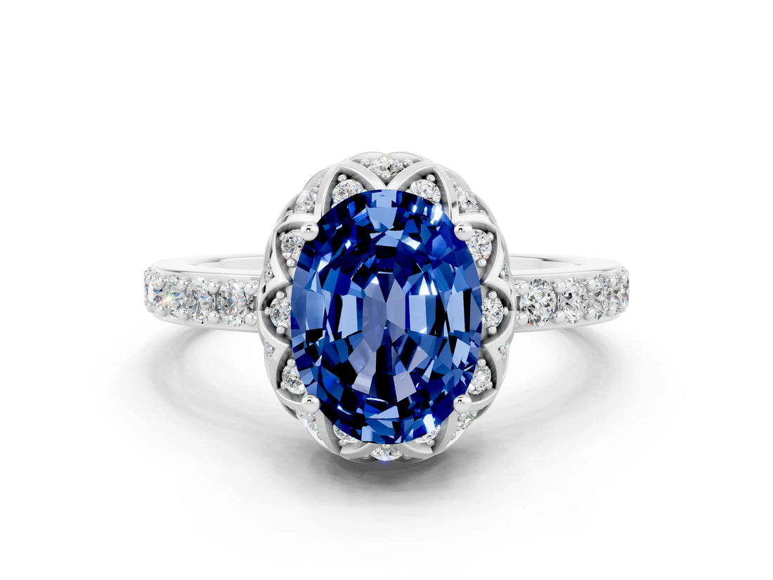 White gold Oval Cut Blue Sapphire Scalloped Halo Engagement Ring with Round Shared Prong Band_12