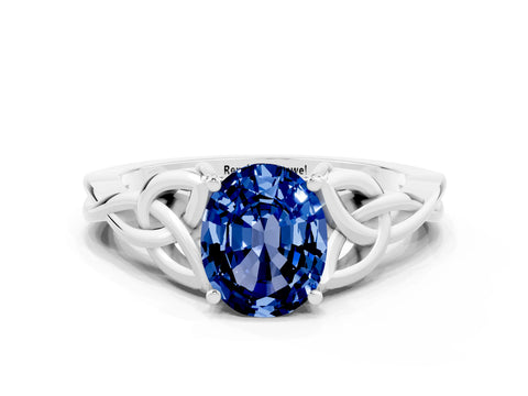 White gold Oval Cut Blue Sapphire Solitaire Celtic Knot Ring with Four-Prong Setting_12