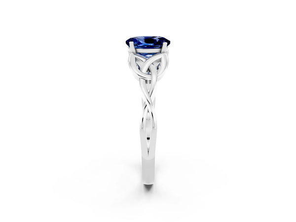 White gold Oval Cut Blue Sapphire Solitaire Celtic Knot Ring with Four-Prong Setting