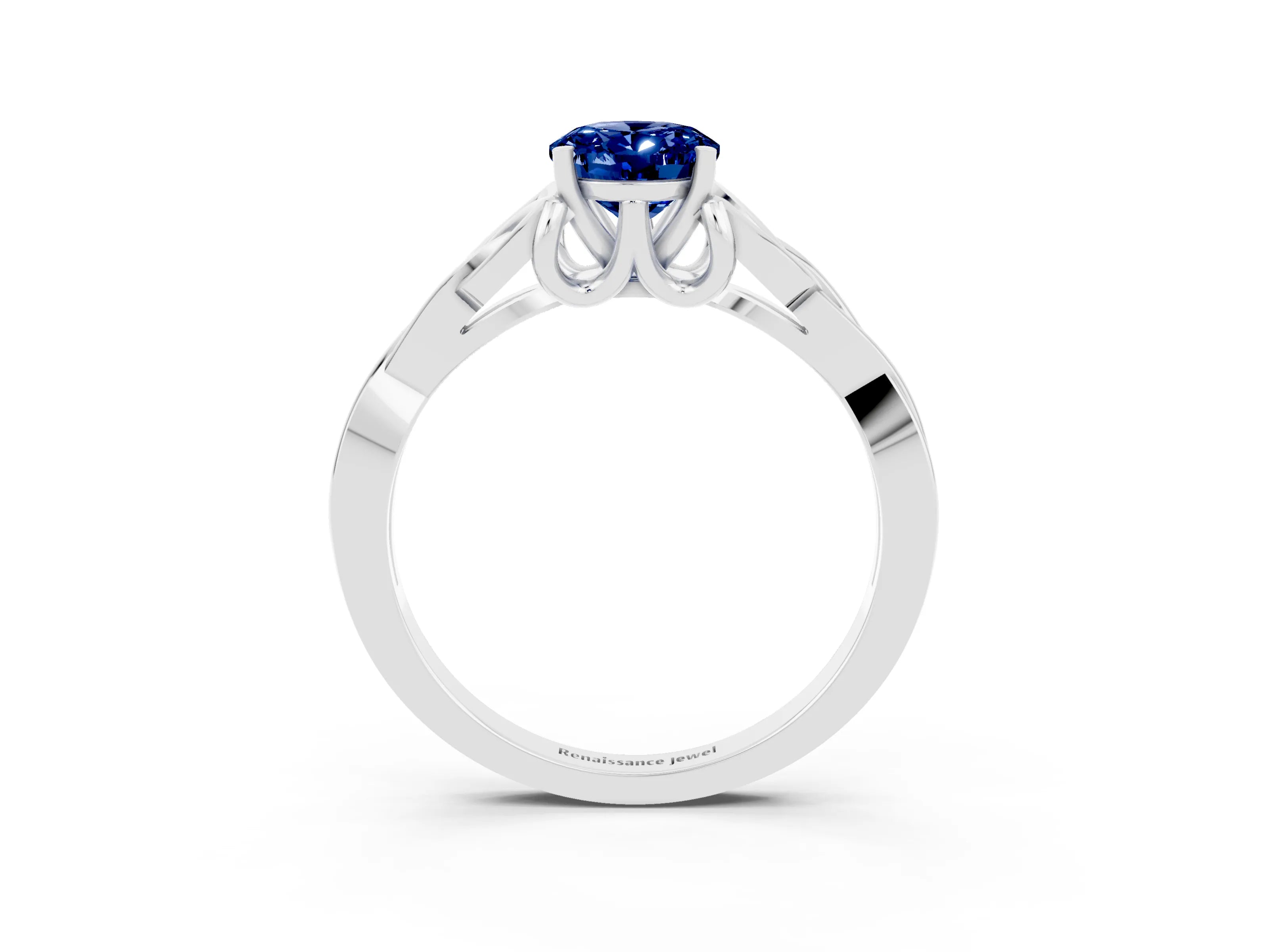 White gold Oval Cut Blue Sapphire Solitaire Engagement Ring with Celtic Knot Band and Four-Prong Setting_3