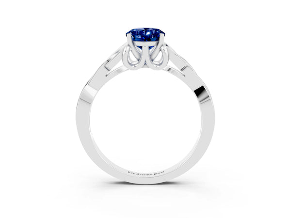 White gold Oval Cut Blue Sapphire Solitaire Engagement Ring with Celtic Knot Band and Four-Prong Setting