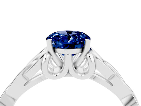 White gold Oval Cut Blue Sapphire Solitaire Engagement Ring with Celtic Knot Band and Four-Prong Setting_4