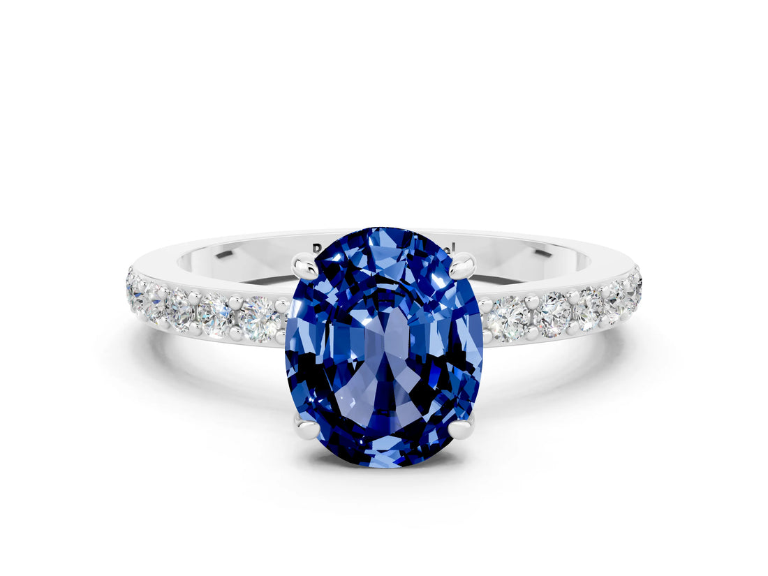White gold Oval Cut Blue Sapphire Solitaire Engagement Ring with Pavé Band and Four-Prong Setting_23