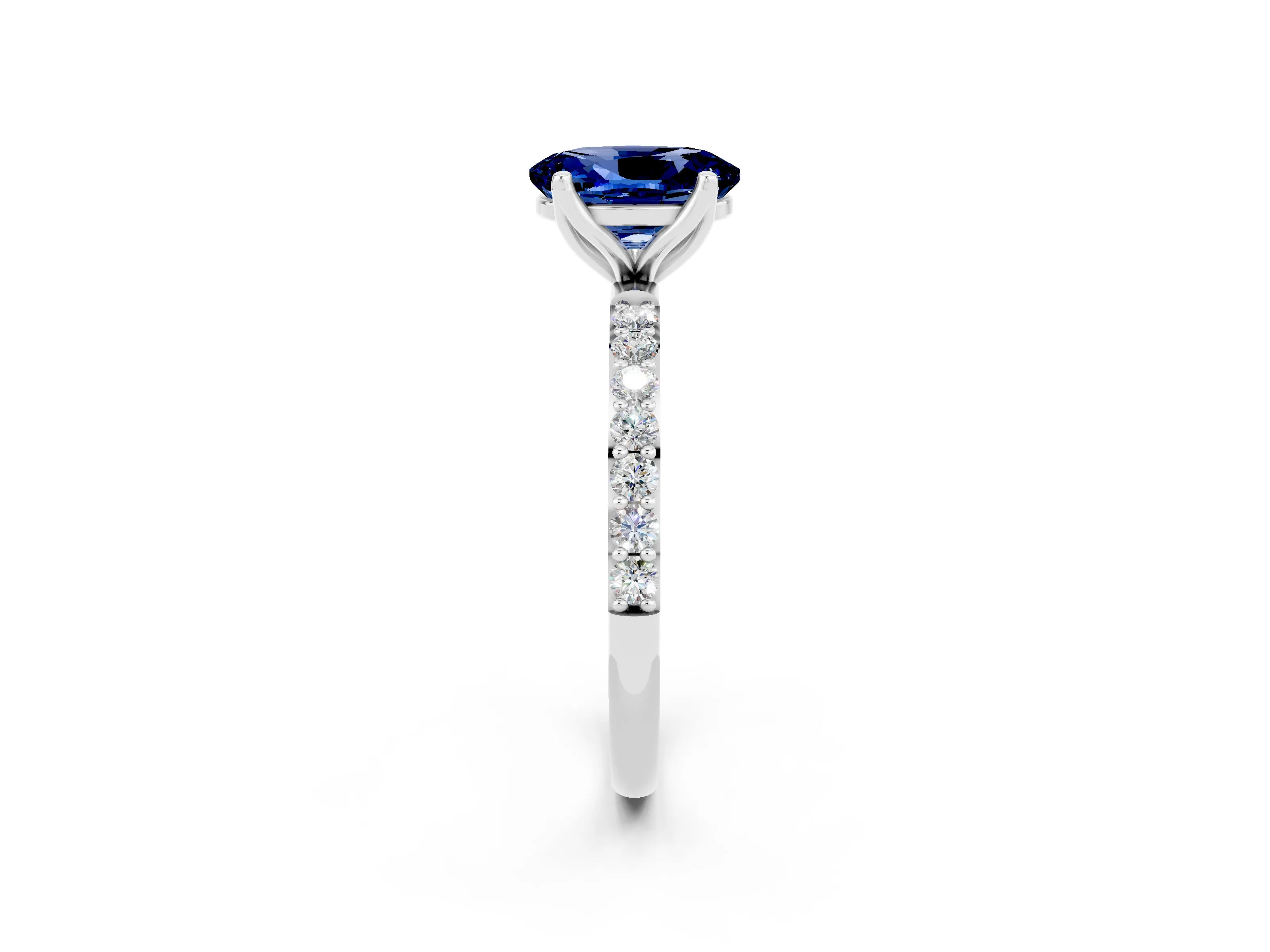 White gold Oval Cut Blue Sapphire Solitaire Engagement Ring with Pavé Band and Prong Setting_2