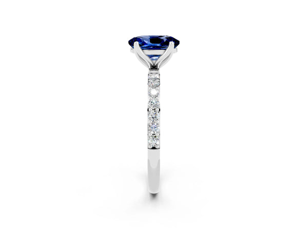 Silver Oval Cut Blue Sapphire Solitaire Engagement Ring with Round  Pavé Band and Prong Setting