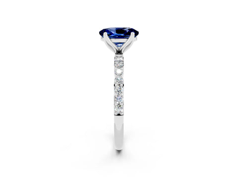 White gold Oval Cut Blue Sapphire Solitaire Engagement Ring with Pavé Band and Prong Setting_2