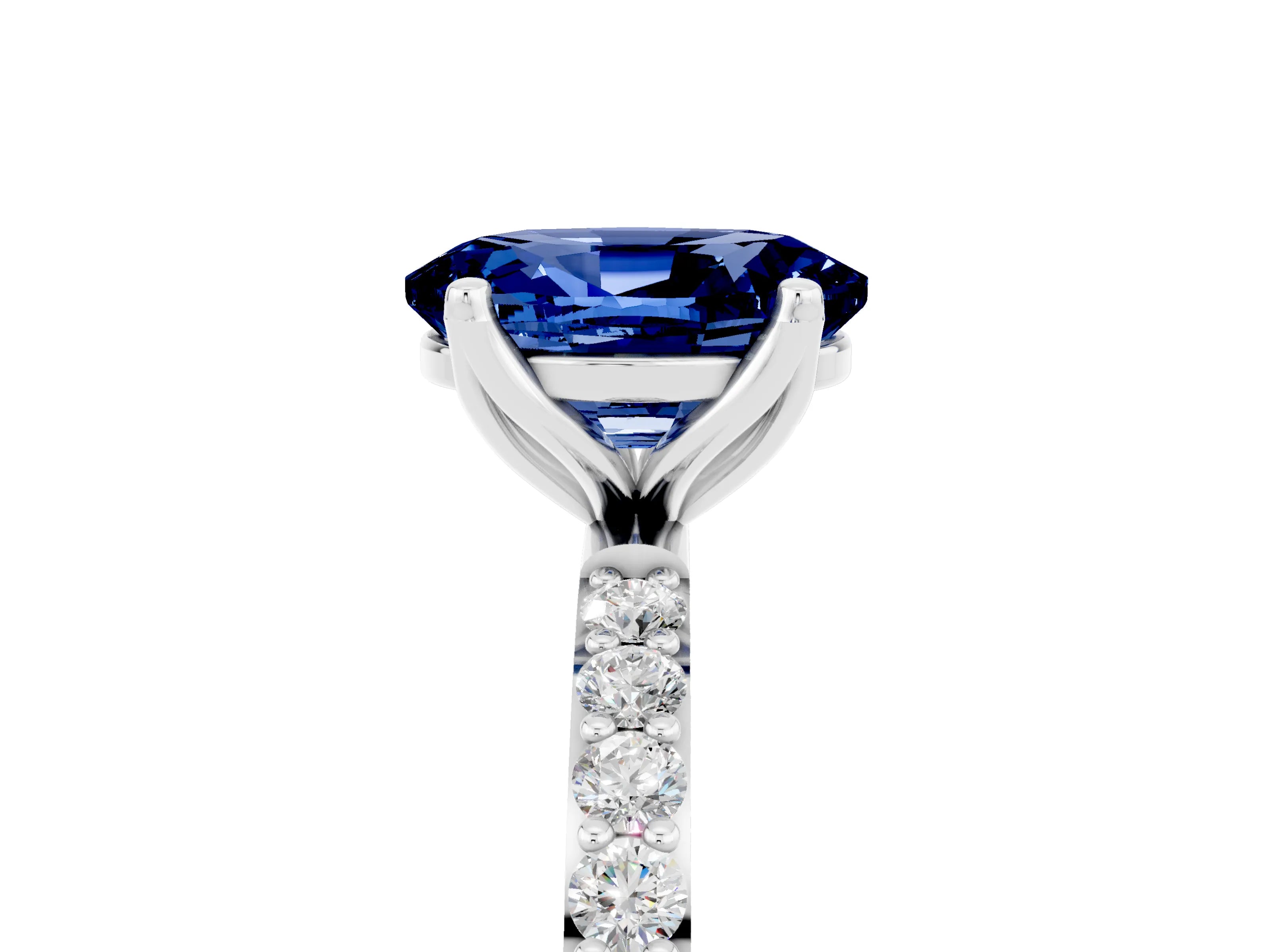 White gold Oval Cut Blue Sapphire Solitaire Engagement Ring with Pavé Band and Prong Setting_5
