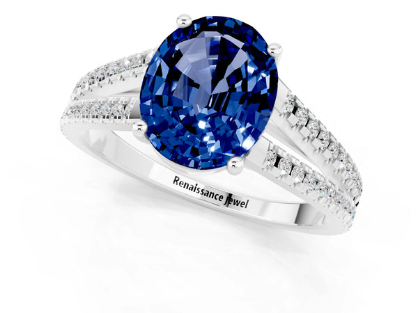 Platinum Oval Cut Blue Sapphire Solitaire Engagement Ring with Split Shank Pavé Band